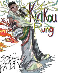 Rule 34 | 1boy, baggy pants, character name, copyright name, dark-skinned male, dark skin, dreadlocks, electricity, electrokinesis, english text, fire, from side, full body, gauntlets, highres, jewelry, kilik lunge, looking at viewer, necklace, pants, shirt, shoes, short hair, sneakers, solo, soul eater, t-shirt, tt (pixiv 4562434), weapon name, white background, white shirt, white shoes