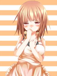 1girl apron bare_shoulders blush breasts brown_apron brown_hair chikuwa_savy commentary_request crying crying_with_eyes_open frilled_apron frills hand_to_own_mouth hand_up highres kashii_airi large_breasts looking_at_viewer medium_hair nose_blush orange_background pink_eyes rou-kyuu-bu! solo striped_background tears two-tone_background upper_body