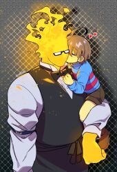 Rule 34 | 1boy, 1other, age difference, ahoge, arm at side, black-framed eyewear, black bow, black bowtie, black vest, blue sweater, bow, bowtie, brown hair, brown shorts, buttons, carrying, carrying person, closed eyes, colored skin, commentary request, denim, denim shorts, drop shadow, faceless, faceless male, fire, frisk (undertale), full body, glasses, grey background, grillby, heart, highres, kiss, kissing cheek, long sleeves, naoki (oosuko), other with male, patterned background, pink sweater, rectangular eyewear, shirt, short hair, short shorts, shorts, simple background, size difference, striped clothes, striped sweater, sweater, traditional bowtie, turtleneck, turtleneck sweater, two-tone sweater, u u, undertale, upper body, vest, white shirt, yellow skin