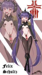 1girl adapted_costume azur_lane boots breasts character_name cross earrings epaulettes ero_guro felix_schultz_(azur_lane) full_body gloves guro highres iron_blood_(emblem) iron_cross jewelry long_hair looking_at_viewer military_uniform open_mouth pantyhose ppshex prolapse purple_hair red_eyes revealing_clothes simple_background small_breasts solo tiara tongue tongue_out twintails uterus_piercing v v_over_mouth vaginal_prolapse very_long_hair white_background zoom_layer