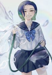 1girl absurdres alternate_costume aqua_hair black_skirt blue_bow blue_bowtie blue_hair blue_sailor_collar bow bowtie breast_pocket cowboy_shot dark_blue_hair eyes_visible_through_hair green_hair grin highres holding holding_hose hose long_sleeves miniskirt multicolored_hair nintendo orange_eyes perrin_(pokemon) pleated_skirt pocket pokemon pokemon_sv rainbow sailor_collar school_uniform serafuku shirt short_hair skirt smile solo sparkle star_dr0p teeth twitter_username water white_shirt
