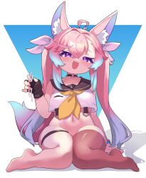 1girl ahoge animal_ears black_gloves blush bow bowtie brown_thighhighs collar crop_top fingerless_gloves fox_ears fox_girl fox_tail gloves gradient_hair hair_between_eyes hair_ribbon hand_on_ground hand_up handjob_gesture highres indie_virtual_youtuber long_bangs long_hair looking_at_viewer multicolored_hair navel no_shoes open_mouth pink_hair purple_eyes ribbon sakurami_sumi seductive_smile shadow sidelocks simple_background single_bare_leg sitting smile solo stomach tail teletha_(vtuber) thigh_strap thighhighs wariza yellow_bow yellow_bowtie