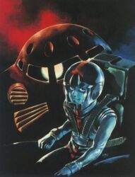 1970s_(style) 1980s_(style) 1boy amuro_ray cockpit concept_art control_stick earth_federation_space_forces gloves gundam helmet looking_at_viewer looking_up mecha mobile_suit mobile_suit_gundam official_art oldschool one-eyed painting_(medium) pilot_chair pilot_suit production_art promotional_art retro_artstyle robot rx-78-2_gundam scan science_fiction signature sitting spacesuit traditional_media upper_body yasuhiko_yoshikazu z&#039;gok_char_custom