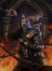 1boy armor axe belt bounty_hunter_(darkest_dungeon) commentary darkest_dungeon english_commentary gloves grappling_hook head_spikes helm helmet highres holding holding_axe holding_weapon hook mask scale_armor scroll shoulder_armor spiked_armor t-biddy weapon