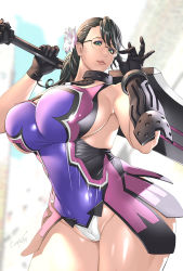 Rule 34 | 1girl, black hair, breasts, cameltoe, cattleya (queen&#039;s blade), cattleya (queen&#039;s blade) (cosplay), chouzuki maryou, cosplay, curvy, glasses, green eyes, highres, huge breasts, kotoyoshi yumisuke, lipstick, looking at viewer, makeup, mature female, queen&#039;s blade, sideboob, simple background, solo, thick thighs, thighs