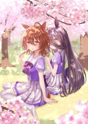 Rule 34 | 2girls, absurdres, agnes tachyon (umamusume), ahoge, black hair, bow, bowtie, breasts, brown hair, cherry blossoms, closed mouth, crea tiramisu, cup, dango, day, food, frilled skirt, frills, grass, hair between eyes, hanami, hand on ground, highres, holding, holding cup, long hair, long hair between eyes, looking at viewer, manhattan cafe (umamusume), medium hair, monster high, monster high (g1), multiple girls, outdoors, parted lips, picnic, picnic blanket, pleated skirt, puffy short sleeves, puffy sleeves, purple bow, purple bowtie, purple shirt, purple trim, red eyes, sailor collar, sanshoku dango, school uniform, shirt, short sleeves, sitting, skirt, tea, thighhighs, tracen school uniform, very long hair, wagashi, white hair, white sailor collar, white skirt, white thighhighs, wolf cut, yellow eyes, zettai ryouiki