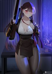1girl breasts bullpup gdat girls&#039;_frontline grey_pantyhose gun holding holding_gun holding_weapon indoors jacket long_hair loose_necktie medium_breasts necktie pantyhose purple_hair red_eyes rifle shirt sniper_rifle solo untying very_long_hair wa2000_(girls&#039;_frontline) walther walther_wa_2000 weapon white_shirt window