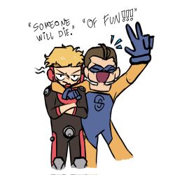 Rule 34 | 2boys, angry, arm up, blonde hair, blue gloves, brown hair, closed eyes, closed mouth, crossed arms, gloves, highres, invincible (series), male focus, multiple boys, open mouth, powerplex, shapesmith (invincible), simple background, smile, superhero costume, v, white background