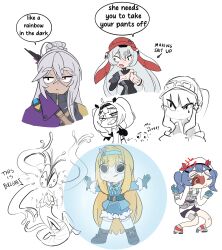 Rule 34 | 1girl, absurdres, animal ears, annoyed, baseball cap, blonde hair, blue gloves, blue hair, blue hairband, blush, braid, breasts, character request, chigyudoomer, cleavage, closed mouth, colphne (girls&#039; frontline 2), cropped torso, cross hair ornament, dark-skinned female, dark skin, energy barrier, english text, expressionless, fake animal ears, full body, girls&#039; frontline, girls&#039; frontline 2: exilium, gloves, grey hair, hair between eyes, hair ornament, hair ribbon, hairband, hat, high ponytail, highres, hk416 (girls&#039; frontline), klukai (girls&#039; frontline 2), krolik (girls&#039; frontline 2), long hair, looking at viewer, mo (girls&#039; frontline 2), monster, nemesis (girls&#039; frontline 2), official alternate costume, open mouth, parted lips, ponytail, rabbit ears, red ribbon, ribbon, sidelocks, simple background, smile, solo, speech bubble, standing, suomi (girls&#039; frontline), tattoo, teardrop facial mark, teardrop tattoo, thighhighs, twintails, white background, white hat, white thighhighs