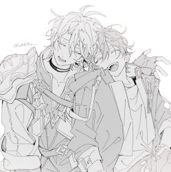 Rule 34 | 2boys, antenna hair, armor, artist name, belt, caelus (honkai: star rail), choker, closed eyes, coat, collarbone, fingerless gloves, gloves, greyscale, hair between eyes, hand up, happy, honkai: star rail, honkai (series), hood, hooded coat, jacket, lapels, leaning on person, long sleeves, male focus, monochrome, multiple boys, okktru, open clothes, open coat, open mouth, pants, phainon (honkai: star rail), puffy long sleeves, puffy sleeves, shirt, short hair, shoulder armor, simple background, sitting, smile, sun symbol, t-shirt, teeth, trailblazer (honkai: star rail)
