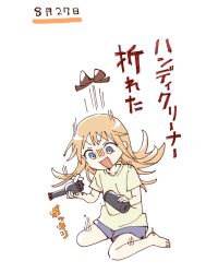 1girl barefoot blonde_hair blue_eyes blue_shorts blush_stickers bow brown_bow commentary_request full_body green_shirt hair_bow highres holding long_hair namori object_request open_mouth shirt short_sleeves shorts simple_background sitting solo toshinou_kyouko translation_request v-shaped_eyebrows wariza white_background yuruyuri