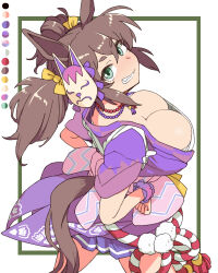 1girl animal_ears bow breasts brown_hair brown_tail chest_sarashi cleavage fang fox_mask from_above green_eyes hair_bow horse_ears horse_girl horse_tail inari_one_(umamusume) japanese_clothes jewelry kimono large_breasts looking_at_viewer mask mask_on_head necklace obi purple_kimono sarashi sash scrunchie short_hair solo tail toriga_naku twintails umamusume wrist_scrunchie yellow_bow