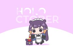 1girl 1other absurdres alternate_costume apron blunt_bangs blush_stickers chibi commentary english_text fang food halo highres hololive hololive_english ketchup ketchup_bottle long_hair maid maid_apron maid_headdress mole mole_under_eye mpien multicolored_hair ninomae_ina&#039;nis octopus omelet omurice open_mouth orange_hair plate pointy_ears pouring_onto_another purple_hair sidelocks takodachi_(ninomae_ina&#039;nis) tentacle_hair very_long_hair virtual_youtuber
