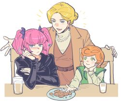 3girls black_dress blonde_hair blue_eyes boned-woo chair char&#039;s_deleted_affair closed_mouth commentary cookie cup dress earrings embarrassed english_commentary food glass green_eyes gundam gundam_gquuuuuux haman_karn hand_on_own_face highres jewelry jitome long_sleeves looking_at_another looking_to_the_side mineva_lao_zabi mother_and_daughter multiple_girls necklace open_mouth pearl_necklace pink_hair plate purple_eyes purple_hair red_hair short_hair short_twintails sitting smile squiggle twintails zenna_zabi