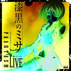 1girl 5pb. album_cover album_name black_dress black_necktie black_shirt blue_background blue_hair chain chaos;head closed_eyes copyright_name cover cowboy_shot cross detached_sleeves dress eyeliner flower frilled_sleeves frills goth_fashion hair_between_eyes highres holding holding_microphone kishimoto_ayase makeup microphone midriff_peek music navel necktie official_art phantasm purple_hair red_eyeliner red_trim sasaki_mutsumi shirt short_hair singing spider_lily stage_lights swept_bangs