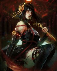 1girl artist_name bare_shoulders black_dress black_gloves black_hair black_thighhighs blood blood_on_clothes bloody_weapon breasts commentary dagger dress earrings english_commentary flower gloves gold_earrings gold_hairband hair_flower hair_ornament hairband highres holding holding_knife holding_weapon jewelry knife long_hair looking_at_viewer red_eyes sebijy sidelocks solo spy_x_family stiletto_(weapon) thighhighs two-sided_dress two-sided_fabric weapon yor_briar