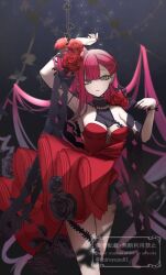 1girl arm_up baobhan_sith_(fate) baobhan_sith_(fgo_fes._2025)_(fate) breasts detached_collar dress expressionless fate/grand_order fate_(series) flower grey_eyes hair_flower hair_ornament hand_up long_hair looking_at_viewer pink_hair pointy_ears red_dress red_flower sidelocks solo yuzushiro