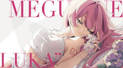 13165075695 1girl absurdres aqua_eyes bare_shoulders blue_nails character_name commentary flower half-closed_eyes highres holding holding_flower long_hair looking_at_object megurine_luka midriff mindscape_cinema_(zenless_zone_zero) number_tattoo shirt shorts shoulder_tattoo smile solo symbol-only_commentary tattoo vocaloid white_shirt white_shorts