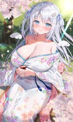 1girl absurdres bare_shoulders blue_eyes blush breasts cleavage commission cup detached_sleeves floral_print flower hair_ornament hairclip highres japanese_clothes kimono large_breasts long_hair long_sleeves looking_at_viewer mini_wings obi original outdoors own_hands_together pink_sash print_kimono sakazuki sash sitting skeb_commission smile solo white_hair wide_sleeves wings yam_(yamap_mako)