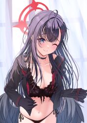 Rule 34 | 1girl, ;), absurdres, ahoge, backlighting, black bra, black choker, black gloves, black hair, black panties, black sailor collar, black serafuku, black shirt, black wings, blue archive, blue eyes, blush, bra, breasts, byakko 0410, choker, cleavage, closed mouth, collarbone, commentary request, cowboy shot, curtains, eyelashes, feathered wings, gloves, hair between eyes, hair intakes, hair ornament, hairclip, halo, happy, highres, ichika (blue archive), indoors, large breasts, lingerie, long hair, long sleeves, looking at viewer, low wings, navel, no pants, one eye closed, open clothes, open shirt, panties, red halo, sailor collar, school uniform, serafuku, shirt, side-tie panties, skindentation, smile, solo, split mouth, straight hair, underwear, undressing, unusually open eyes, very long hair, window, wings