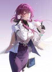 1girl absurdres bag belt black_gloves bracelet breasts cup disposable_cup drinking_straw earrings flower gloves hair_between_eyes hair_bun hair_flower hair_ornament handbag highres holding holding_cup honkai:_star_rail honkai_(series) jacket jade_bracelet jewelry kafka_(good_me)_(honkai:_star_rail) kafka_(honkai:_star_rail) long_hair long_sleeves looking_at_viewer pearl_bracelet purple_eyes purple_hair purple_skirt shirt single_side_bun skirt smile solo very_low_bun white_shirt yimi_juju
