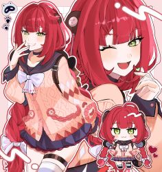 absurdres black_choker black_sailor_collar black_skirt bow bowtie braid cardigan chibi choker commentary green_eyes heart highres ikanoashi53 long_hair looking_at_viewer loose_thighhigh one_eye_closed pink_cardigan red_hair sailor_collar school_uniform skirt smile striped_clothes striped_thighhighs thighhighs twin_braids twintails ukinami_yuzuha white_bow white_bowtie zenless_zone_zero