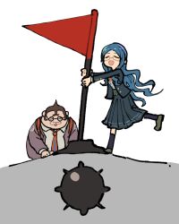 Rule 34 | 1girl, :d, black skirt, brown hair, brown shoes, collared shirt, danganronpa: trigger happy havoc, danganronpa (series), danganronpa v3: killing harmony, fat, fat man, flag, glasses, grey shirt, highres, holding, holding flag, jacket, kneehighs, minesweeper, necktie, open clothes, open jacket, open mouth, pleated skirt, shirogane tsumugi, shirt, shoes, short hair, simple background, skirt, smile, socks, white background, yamada hifumi, youko-shima