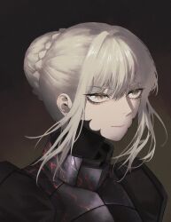 Rule 34 | 1girl, absurdres, armor, artoria pendragon (fate), black background, braid, braided bun, closed mouth, expressionless, fate/grand order, fate (series), gradient background, grey background, hair between eyes, hair bun, hair intakes, highres, saber alter, short hair, sidelocks, single hair bun, solo, tyrezal, yellow eyes