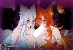 1boy 2girls @_@ ass bare_shoulders blue_gloves blue_hair breast_press breasts censored choker collarbone commentary commission cooperative_paizuri cum cum_on_body cum_on_breasts cum_on_upper_body elbow_gloves english_commentary fellatio ffm_threesome fox_girl gloves glowing glowing_heart glowing_penis group_sex hair_ornament hetero highres huge_breasts hypnosis indie_virtual_youtuber large_variant_set long_hair looking_at_viewer mind_control multicolored_hair multiple_girls oral orange_hair orange_tail paizuri penis ryncka smug_alana snowflake_hair_ornament symmetrical_docking teamwork_(sexual) threesome two-tone_hair variant_set virtual_youtuber white_hair white_tail