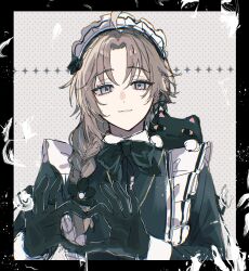 1boy :3 ahoge akrngo_0708 apron black_bow black_bowtie black_dress black_gloves border bow bowtie braid brown_hair closed_mouth collared_dress crossdressing dress gloves grey_eyes hair_over_shoulder heart heart_hands highres kanae_(20th_costume)_(nijisanji) kanae_(nijisanji) long_hair long_sleeves looking_at_viewer maid maid_apron maid_headdress male_focus male_maid nijisanji official_alternate_costume polka_dot polka_dot_background roto_(kanae) single_braid smile solo stuffed_animal stuffed_cat stuffed_toy upper_body virtual_youtuber