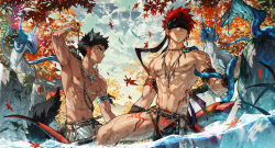 2boys abs animal_ears arm_behind_head arm_tattoo armband armpits arrow_(projectile) arsh_(thestarwish) bandaged_wrist bandages barbell_piercing black_blindfold black_hair black_loincloth blindfold chinese_commentary closed_mouth cloud cloudy_sky commentary_request covered_eyes cowboy_shot dark_skin dragon earrings facial_tattoo facing_to_the_side green_eyes green_sky groin hand_up highres holding holding_arrow jewelry knee_up leaf leg_tattoo looking_ahead male_focus male_pubic_hair maple_leaf maple_tree multiple_boys nature neck_tattoo necklace nipple_piercing nipples original outdoors pectoral_cleavage pectorals piercing pubic_hair pubic_hair_peek red_armband red_hair rock serious short_bangs short_hair shoulder_tattoo single_earring sky spiked_hair stomach_tattoo tail tattoo toned toned_male topless_male tree water white_loincloth wolf_boy wolf_ears wolf_tail wyvern