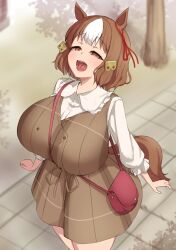 1girl absurdres alternate_breast_size animal_ears arms_at_sides bag belno_light_(umamusume) bow breasts brown_dress brown_eyes brown_hair collared_shirt commentary_request cowboy dress ear_ornament ear_ribbon from_above hair_ornament half-closed_eyes highres horse_ears horse_girl horse_tail huge_breasts letter_hair_ornament long_sleeves looking_at_viewer multicolored_hair noe_(ppppriver) open_mouth outdoors pinafore_dress red_bag red_ribbon ribbon shirt short_dress short_hair shoulder_bag sleeveless sleeveless_dress solo standing stone_walkway tail teeth tongue tree two-tone_hair umamusume umamusume:_cinderella_gray western white_hair white_shirt