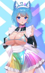 1girl ahoge alternate_costume animal_ear_piercing animal_ears bell belt bikini black_gloves blue_background blue_bikini blue_eyes blue_hair blush breasts buren closed_mouth covered_erect_nipples cowboy_shot crotch_zipper dog_ears dog_girl earrings elbow_gloves enmaided gloves hair_ornament heart heart_earrings highres iridescent jewelry large_breasts looking_at_viewer maid maid_bikini maid_headdress medium_hair nanashi_inc. neck_bell pink_belt sash see-through_clothes see-through_skirt shadow single_earring skirt smile solo souya_ichika strap_pull swimsuit tongue tongue_out unconventional_maid virtual_youtuber white_background white_sash wolf_cut x_hair_ornament