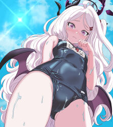 1girl bare_shoulders black_halo black_swimsuit blue_archive blue_sky blush breasts cameltoe closed_mouth cloud covered_navel cowboy_shot day demon_girl demon_horns demon_wings from_below gluteal_fold halo highres hina_(blue_archive) hina_(swimsuit)_(blue_archive) horns long_hair looking_at_viewer low_wings name_tag old old_school_swimsuit old_woman one-piece_swimsuit outdoors purple_eyes school_swimsuit sky small_breasts solo standing swimsuit thighs user_thgk4842 very_long_hair white_hair wings