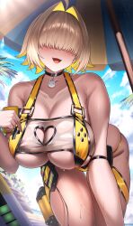1girl :d absurdres ahoge all_fours bare_shoulders beach beach_umbrella black_choker blonde_hair blue_sky blush breasts choker cleavage_cutout clothing_cutout cloud collarbone colored_inner_hair curvy day eiryu33 elegg_(boom_and_shock)_(nikke) elegg_(nikke) goddess_of_victory:_nikke hair_intakes hanging_breasts heart_cutout highres huge_breasts long_bangs multicolored_hair ocean official_alternate_costume open_mouth outdoors palm_tree sand see-through_clothes short_hair skindentation sky slingshot_swimsuit smile solo swimsuit thick_thighs thighs tree umbrella water wet