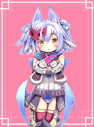 1girl ajitarou_(setsu) animal_ears bare_shoulders blue_hair blue_ribbon blue_scarf blue_skirt bodysuit bow chocolate delucky_alma emil_chronicle_online fishnet_thighhighs fishnets food gift hair_bow hair_ornament hand_guard highres holding holding_chocolate holding_food red_thighhighs ribbon scarf simple_background skirt standing thighhighs two_side_up yellow_eyes