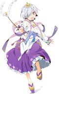 1girl :d black_hair blue_choker choker fang hair_ornament hair_over_one_eye highres holding jewelry multicolored_hair necklace official_art okobo onsen_musume open_mouth platform_sandals purple_shoes purple_skirt red_eyes sandals shoes short_hair simple_background skirt smile solo star_(symbol) sukunahiko tiara toes tongue transparent_background two-tone_hair watanabe_akio white_hair