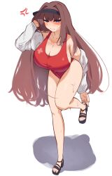 1girl aozaki_aoko bare_shoulders blue_eyes blush breasts brown_hair cleavage commentary commission english_commentary full_body highres jacket large_breasts long_hair long_sleeves looking_at_viewer mahou_tsukai_no_yoru off_shoulder one-piece_swimsuit red_one-piece_swimsuit sandals solo swimsuit vinsycal visor_cap wet white_jacket