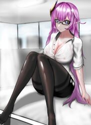 absurdres alternate_costume black_pantyhose black_skirt blue_eyes breasts cleavage closed_mouth commentary_request covered_erect_nipples elf elysia_(honkai_impact) glass highres honkai_(series) honkai_impact_3rd indoors large_breasts long_hair looking_at_viewer no_shoes office_lady pantyhose pencil_skirt pink_hair pointy_ears shirt sitting skirt toes very_long_hair white_shirt zhi_nai_he
