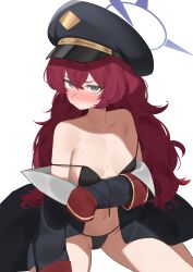 1girl armpit_crease bare_shoulders bikini black_bikini black_coat black_hat blue_archive blush breasts coat double_strap_slip flasso grey_eyes hair_between_eyes halo hat highres iroha_(blue_archive) long_hair navel off_shoulder peaked_cap purple_halo red_eyes simple_background sitting small_breasts solo swimsuit wariza white_background