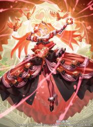 1girl artist_name bare_shoulders bird black_bow black_bowtie black_shoes bow bowtie breasts brown_hair collar copyright_notice crown curtains dress duel_masters elbow_gloves floating full_body fur-trimmed_dress fur_trim gloves gown hair_between_eyes heart high_heels holding holding_wand indoors jewelry long_dress long_hair murakami_hisashi off-shoulder_dress off_shoulder official_art pantyhose petals princess queen_rupia_(duel_masters) red_dress red_eyes red_gloves shoes sparkle stained_glass striped_clothes striped_pantyhose twintails v v_over_eye very_long_hair wand