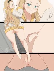1boy 1girl 9rimson animated anus ass blonde_hair blue_eyes cleft_of_venus female_focus handjob happy_sex hood kurumi_(lycoris_recoil) leg_up loli long_hair looking_at_viewer looking_back lycoris_recoil masturbation pee pee_stain peeing peeing_self penis pussy pussy_squeeze sleevejob smile squeezing standing tagme uncensored video
