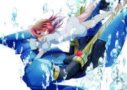 Rule 34 | 1boy, 1girl, :d, air bubble, android, arm blade, asagi marin, blue skin, blush, brigadoon, brown hair, bubble, colored skin, dress, eye contact, green eyes, hetero, hug, looking at another, melan blue, open mouth, red eyes, shino-o, short sleeves, smile, underwater, weapon, white background, white dress