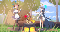 2girls absurdly_long_hair apple apron aqua_halo aris_(blue_archive) banana black_dress black_hair black_pantyhose black_skirt blue_archive blue_halo blue_sky butter closed_eyes cloud cloudy_sky commentary demon_horns dress egg facing_viewer food fruit full_body halo highres horns jacket juri_(blue_archive) long_hair miaki_(mi_autumn39) milk multiple_girls nintendo one_side_up open_clothes open_jacket open_mouth outdoors pantyhose parody pleated_dress pleated_skirt skirt sky standing the_legend_of_zelda the_legend_of_zelda:_breath_of_the_wild throwing throwing_food tree very_long_hair wheat white_apron white_jacket