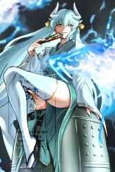 Rule 34 | 1girl, absurdres, bell, blue fire, breasts, dragon girl, dragon horns, fate/grand order, fate (series), fire, folding fan, green hair, green kimono, hand fan, highres, hiyayaako, horns, japanese clothes, kimono, kiyohime (fate), long hair, long sleeves, looking at viewer, medium breasts, obi, sash, sitting, smile, solo, thighhighs, two-tone kimono, white kimono, white thighhighs, wide sleeves, yellow eyes