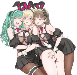 3girls absurdres aizawa_ema animal_ears bare_shoulders black_pantyhose black_ribbon blonde_hair blue_eyes blush breasts brown_hair cleavage cleavage_cutout closed_eyes clothing_cutout commentary_request detached_collar earrings fake_animal_ears fake_tail green_eyes green_hair hair_ribbon hanabusa_lisa highres jewelry looking_at_another multiple_girls necktie open_mouth pantyhose rabbit_tail red_necktie ribbon simple_background tail teeth upper_teeth_only virtual_youtuber vspo! white_background wrist_cuffs yakumo_beni yamaoka_remu