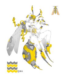 1girl android antennae arthropod_girl colored_skin female_focus full_body headgear highres insect_wings liren44 monster_girl original pale_skin reverse_grip ribs science_fiction short_hair simple_background skeleton solo stinger wasp wasp_girl weapon white_hair white_skin wings yellow_background yellow_eyes