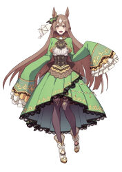 Rule 34 | 1girl, animal ears, ankle boots, ascot, black thighhighs, boots, bow, bow skirt, braid, brown ascot, brown hair, commentary request, corset, cropped jacket, ear ornament, frilled footwear, frilled shirt, frilled sleeves, frills, full body, game model, green jacket, green skirt, half up braid, half updo, high-low skirt, horse ears, horse girl, horse tail, jacket, long hair, long skirt, long sleeves, multicolored hair, official art, orange eyes, satono diamond (umamusume), shirt, simple background, skirt, sleeves past fingers, sleeves past wrists, solo, streaked hair, tail, tenkey2022, thighhighs, umamusume, underbust, very long hair, white background, white boots, white shirt