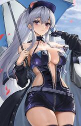1girl athenawyrm azur_lane bare_shoulders belt blush breasts cleavage clothing_cutout coat dress enterprise_(azur_lane) enterprise_(wind_catcher)_(azur_lane) eyewear_on_headwear gloves hair_between_eyes halter_dress halterneck hat highres holding holding_umbrella large_breasts long_hair looking_at_viewer off_shoulder official_alternate_costume ponytail purple_eyes race_queen single_glove solo sunglasses thighhighs thighs umbrella very_long_hair white_belt white_hair zipper zipper_dress