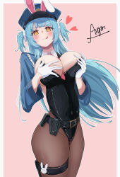 Rule 34 | 1girl, :q, absurdres, animal ears, argar demo, azur lane, black leotard, black pantyhose, blue hair, blush, border, breasts, fake animal ears, gloves, grabbing own breast, groin, heart, highres, holster, large breasts, leotard, looking at viewer, necktie, neptune (azur lane), neptune (officer bunneptune is on the case!) (azur lane), official alternate costume, pantyhose, pink background, playboy bunny, police, red necktie, signature, simple background, solo, thigh holster, tongue, tongue out, two side up, white border, white gloves, yellow eyes